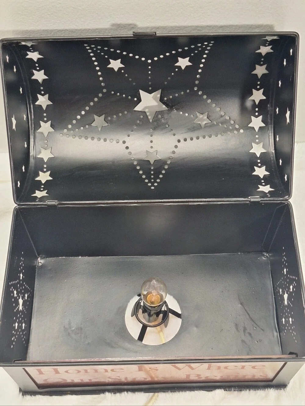 Rustic Black Punched Tin Accent/Nightlight Etched Glass Stars Primitive Decor